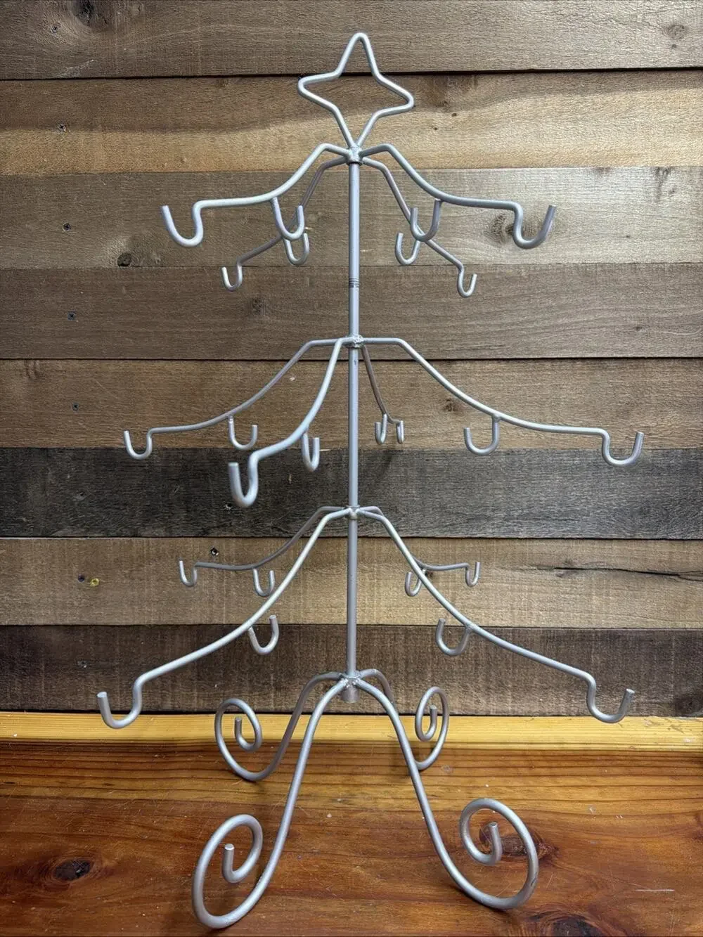 Silver Metal Ornament Tree 25” Tall Holds 24 Ornaments -b